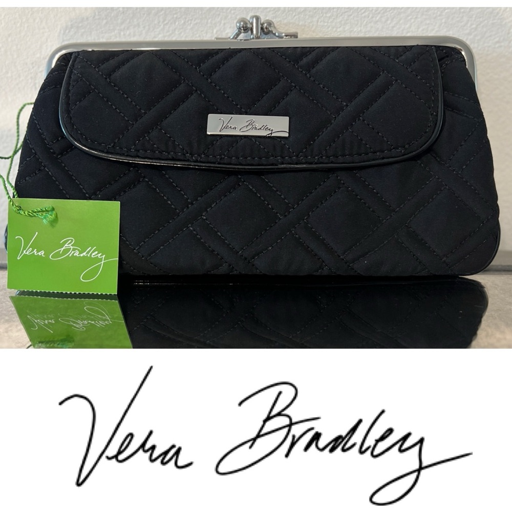 NWT Vera Bradley kisslock classic wallet purse clutch with chain, black quilted
